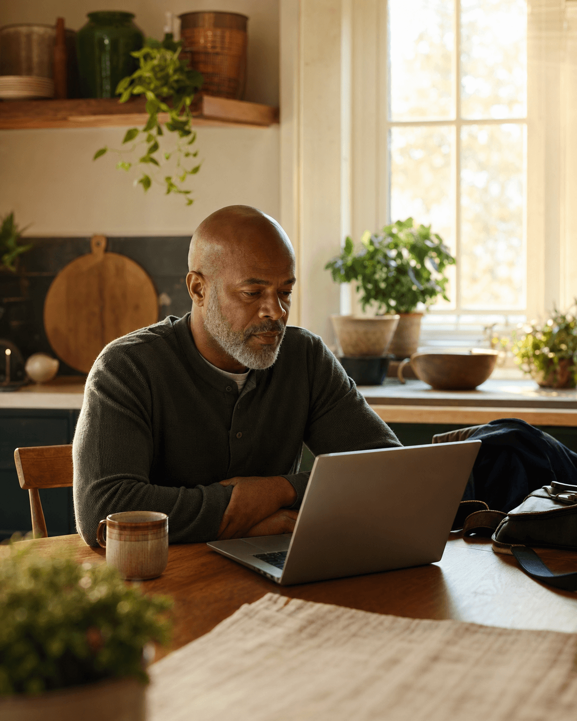 An employee using a laptop at home in warm morning light